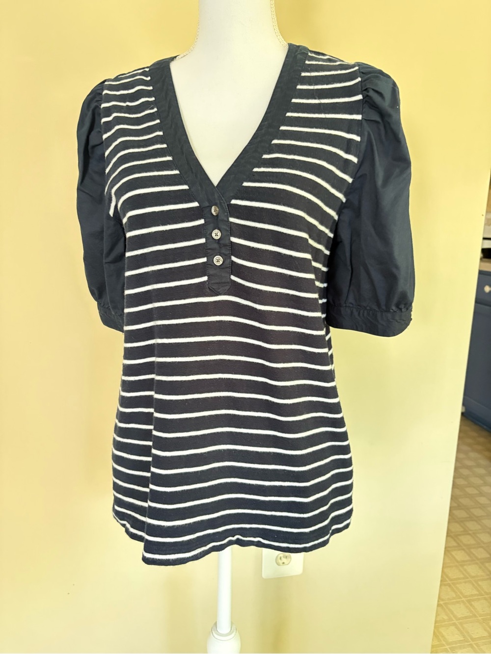 LOFT Navy and White Striped V-Neck Puff Sleeve Top